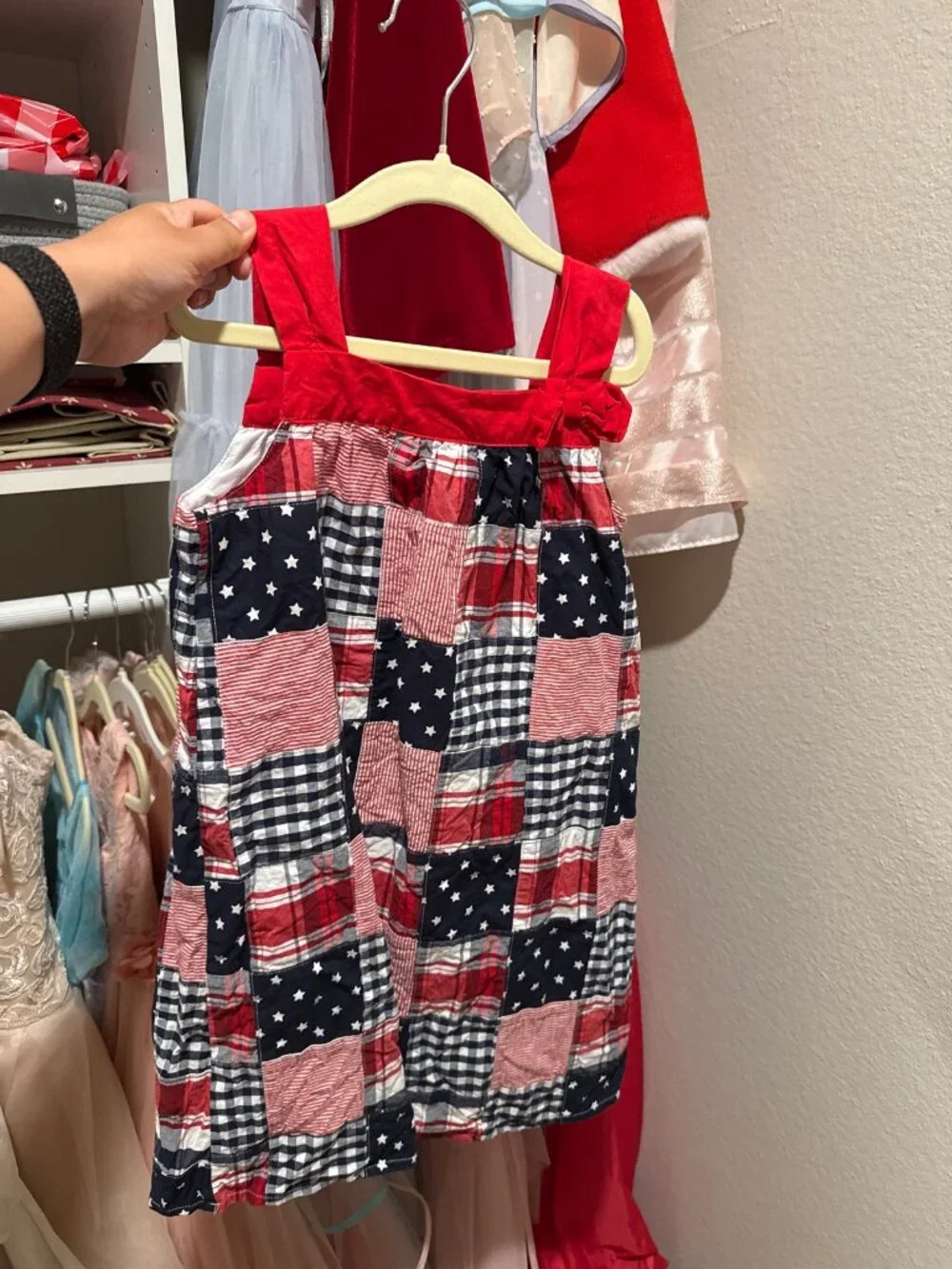 Gymboree Girls Patchwork Dress – Red White Blue Stars, Size 7